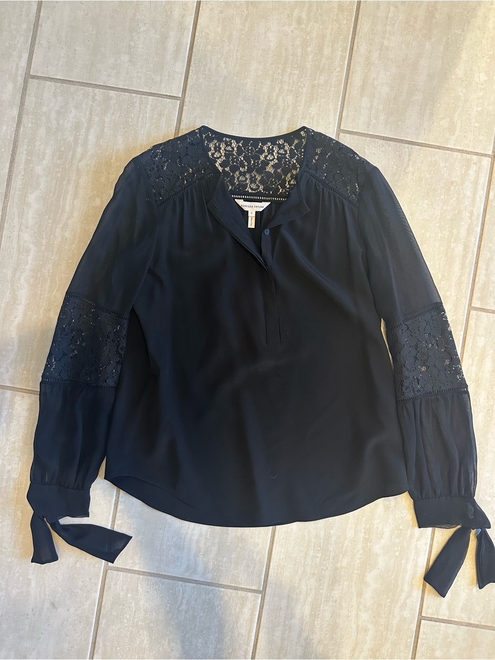 Rebecca Taylor Black Lace-Yoke Long Sleeve Blouse
